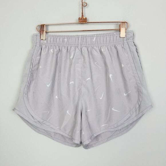 NIKE | Gray/Silver All Over Print Swoosh Running Shorts Women’s Size Small - Picture 1 of 10